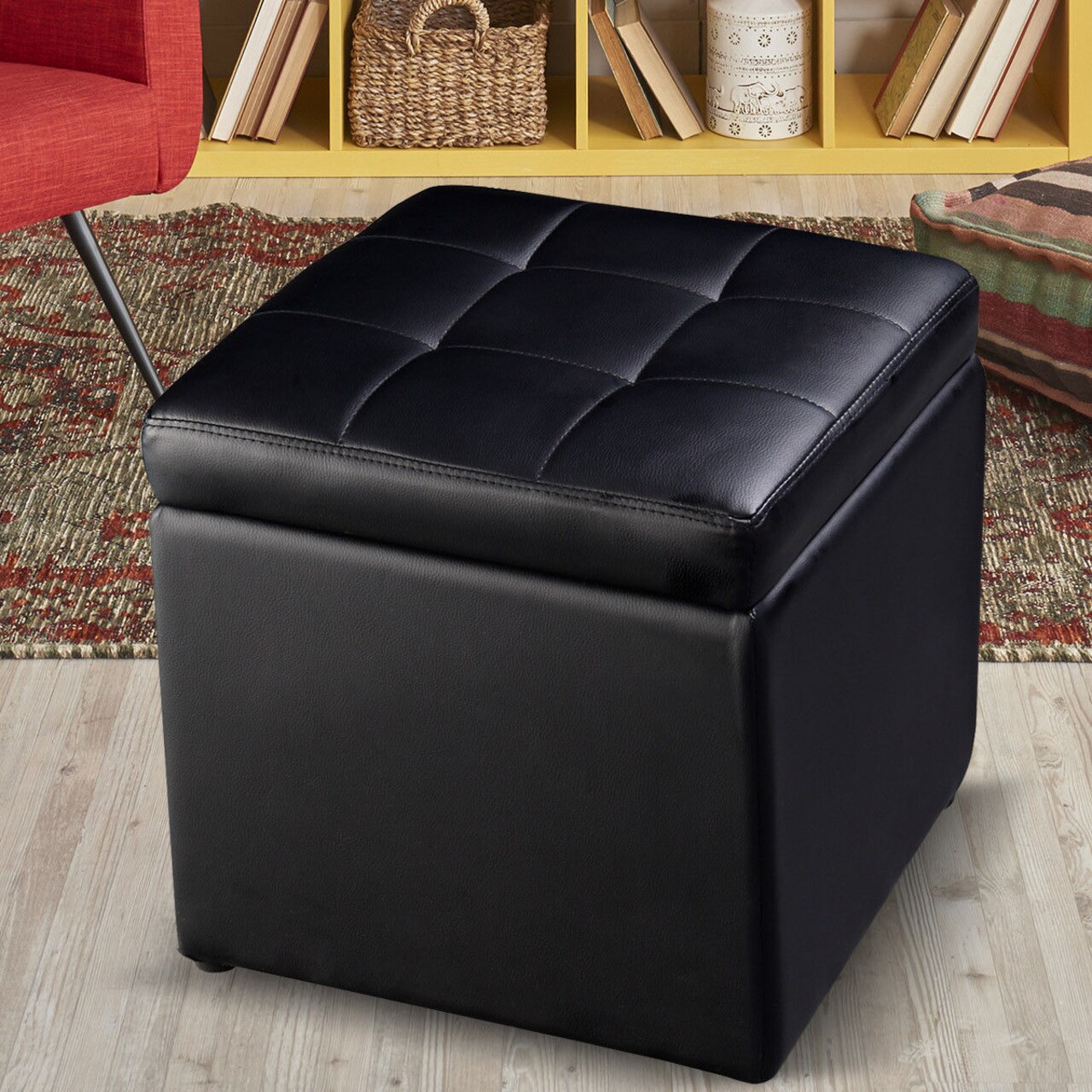 Costway 16''Cube Ottoman Pouffe Storage Box Lounge Seat Footstools with Hinge Top Red Brown/Black